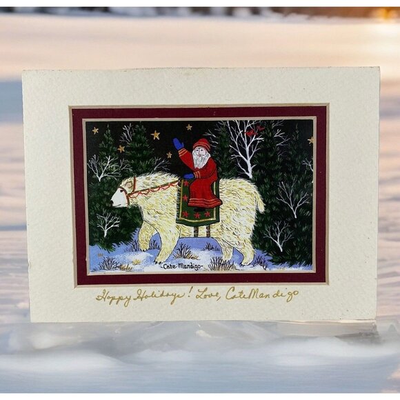 Cate Mandigo Print Father Christmas Polar Bear Signed Matted 5” x 7” Santa - Picture 1 of 8
